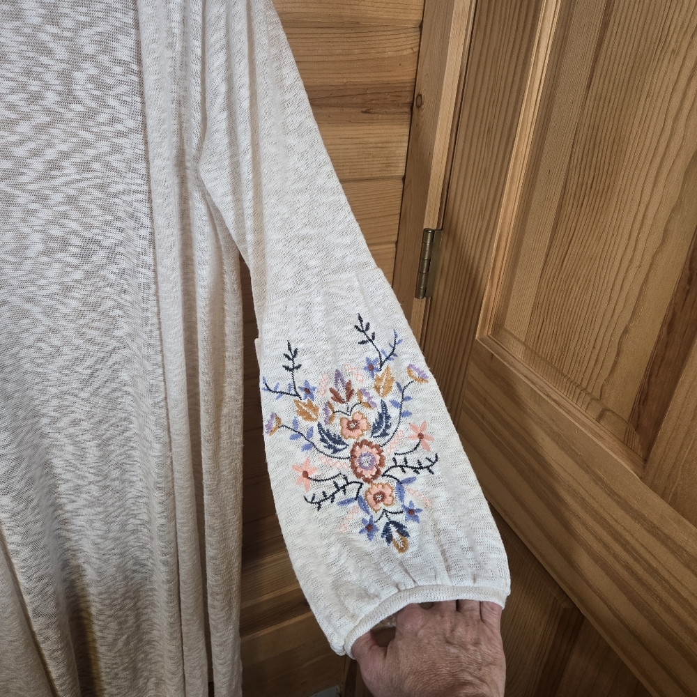 Knit Maxi Cardigan Duster Sweater Cream Embroidered Long Sleeve Boho Womens XL - Picture 4 of 6